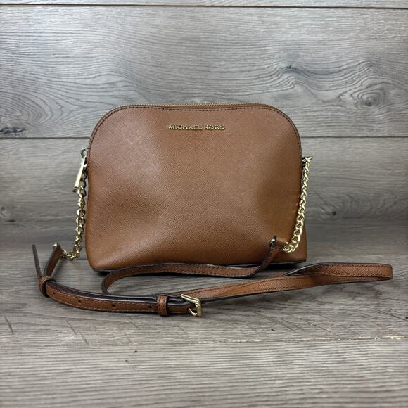 Michael Kors Brown Cindy Dome Saffiano Leather Crossbody Strap Chain Handbag - Picture 1 of 15